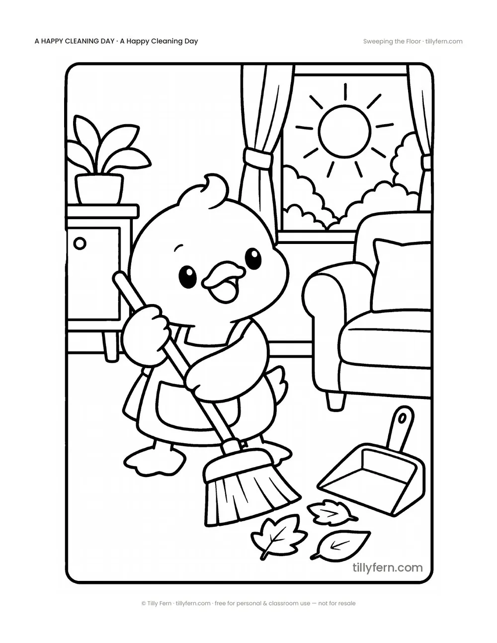 Sweeping the Floor — free cleaning coloring page from A Happy Cleaning Day