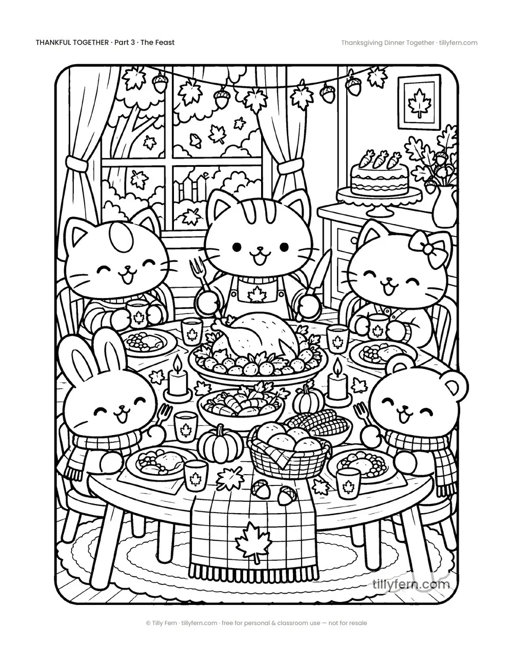 Thanksgiving Dinner Together — free Thanksgiving coloring page with a cute kitty, from Thankful Together