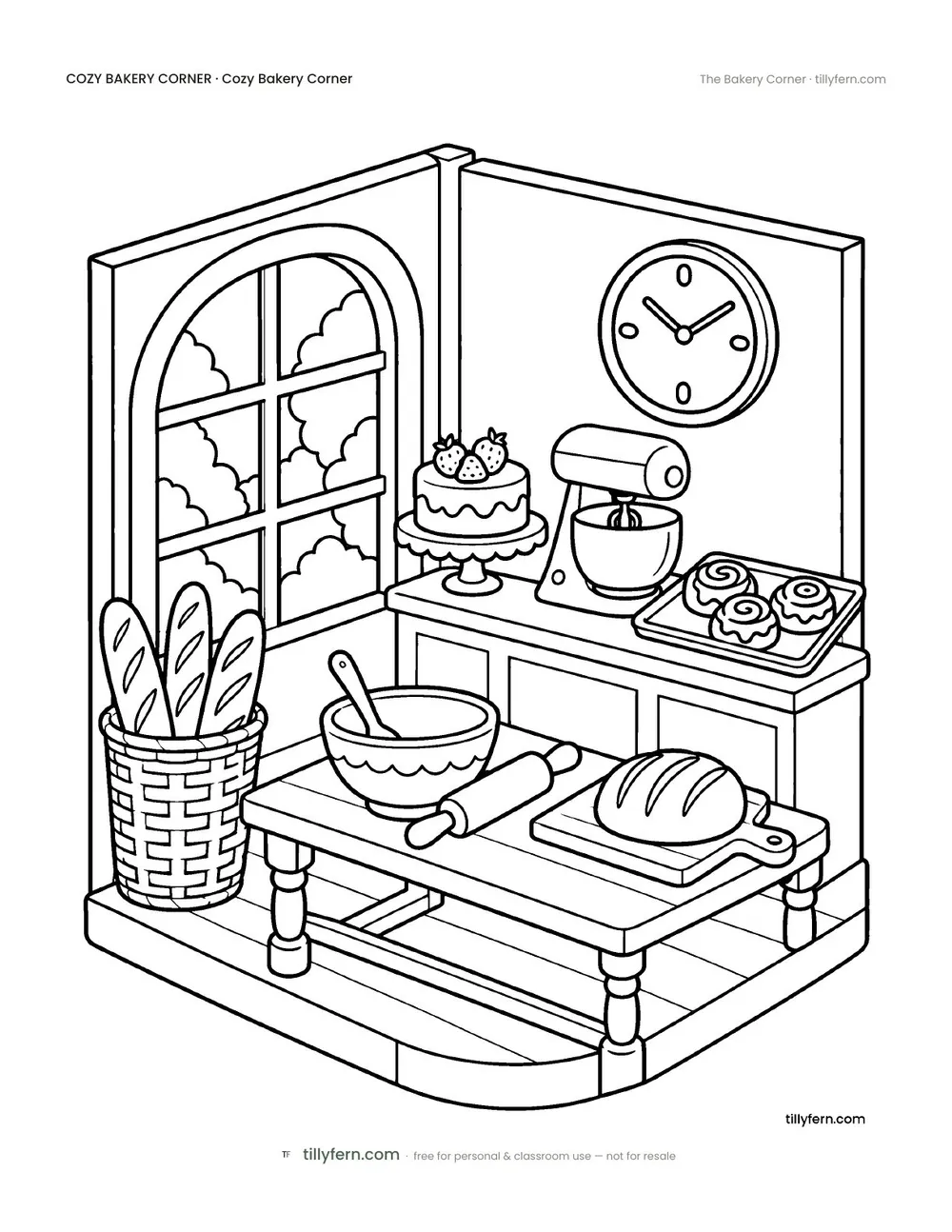 The Bakery Corner — free bakery corner coloring page from Cozy Bakery Corner