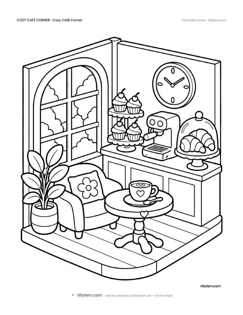 The Café Corner — free café corner coloring page from Cozy Café Corner