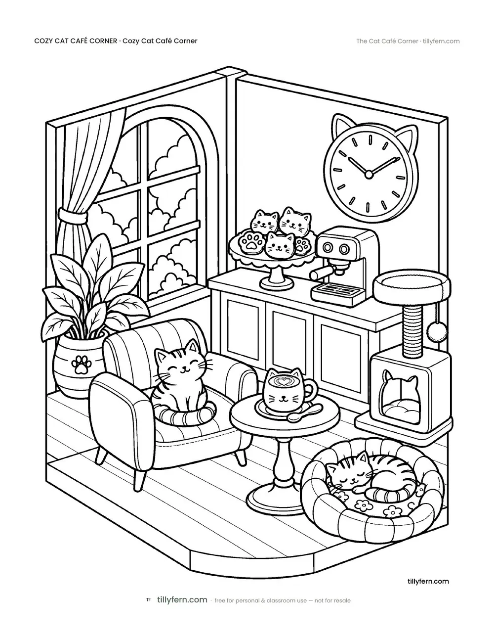 The Cat Café Corner — free cat café corner coloring page from Cozy Cat Café Corner