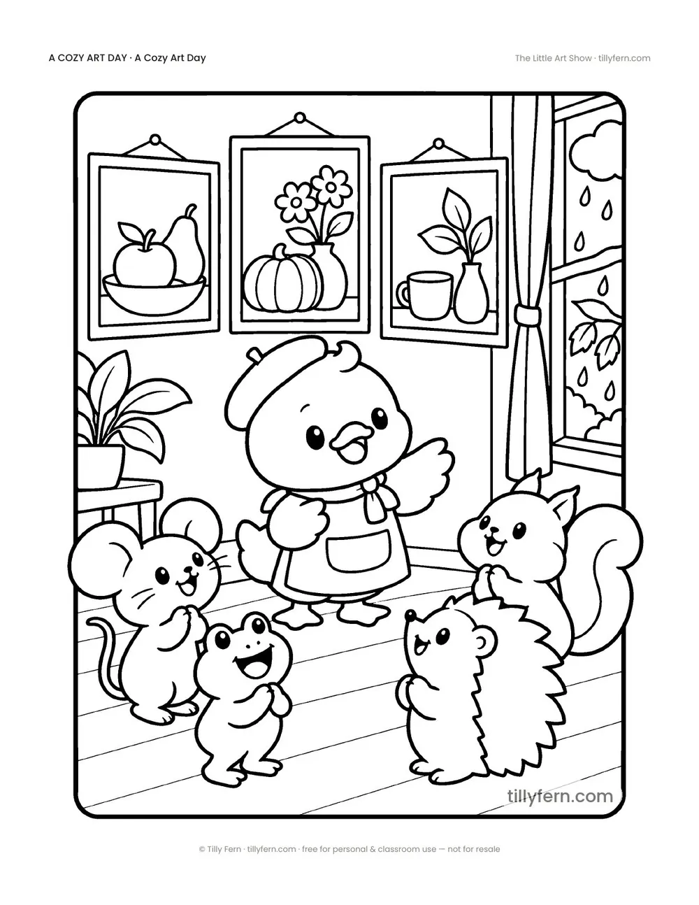 The Little Art Show — free rainy day coloring page from A Cozy Art Day