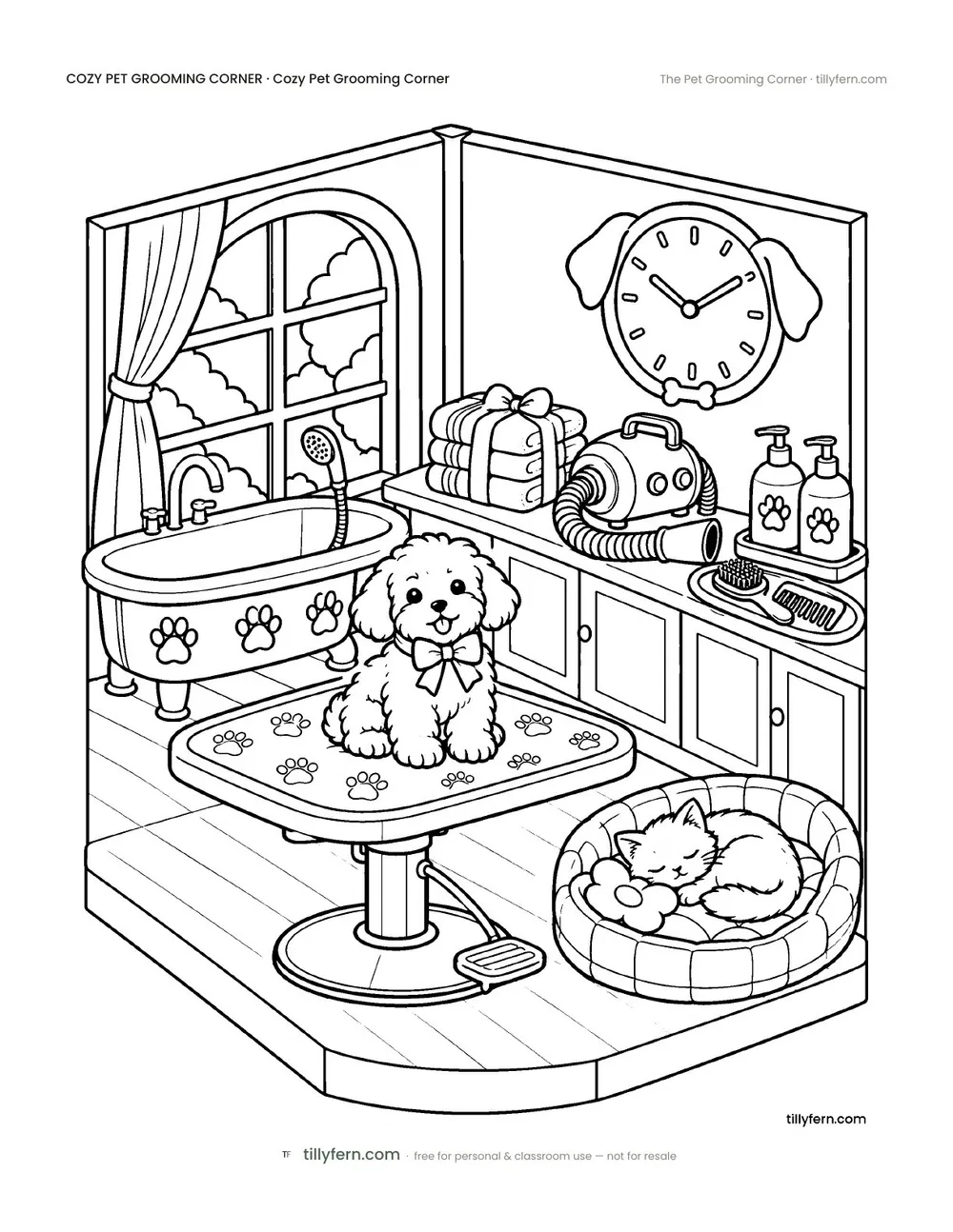 The Pet Grooming Corner — free pet grooming corner coloring page from Cozy Pet Grooming Corner