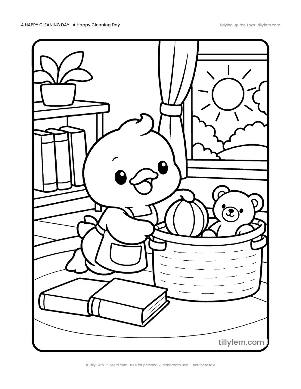 Tidying Up the Toys — free cleaning coloring page from A Happy Cleaning Day