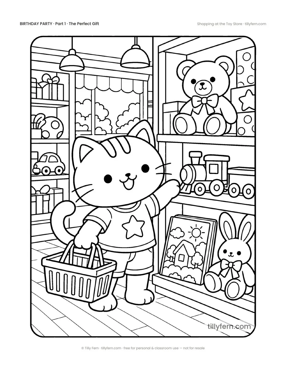 Shopping at the Toy Store — free birthday coloring page from Birthday Party