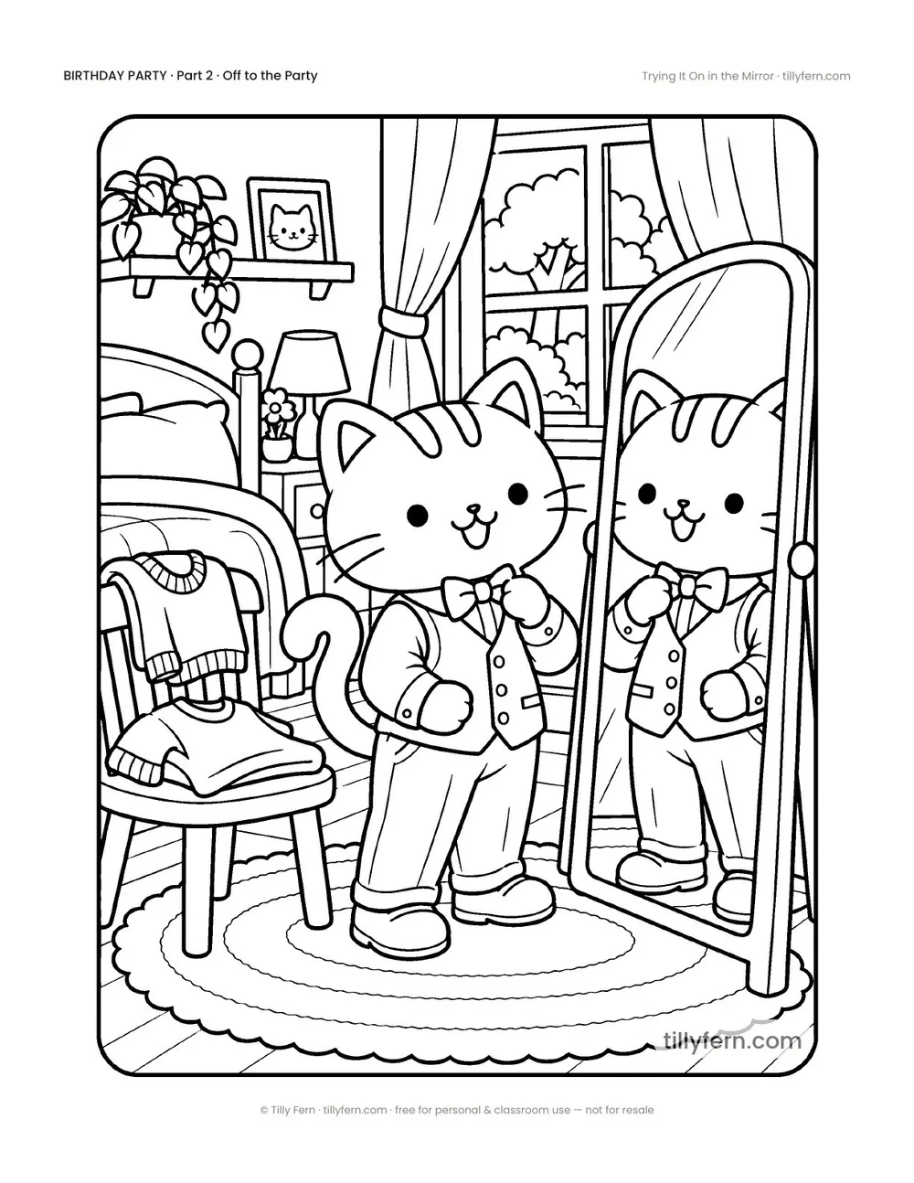 Trying It On in the Mirror — free birthday coloring page from Birthday Party