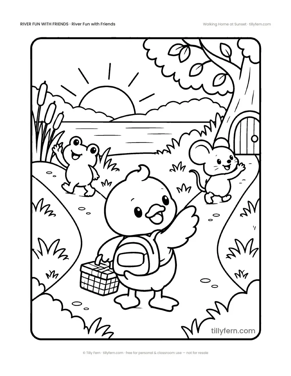 Walking Home at Sunset — free duck coloring page from River Fun with Friends