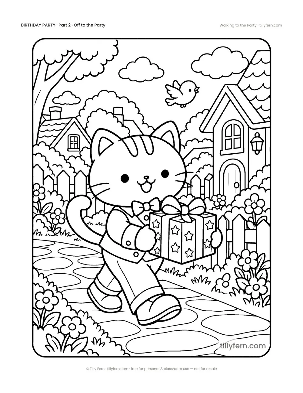 Walking to the Party — free birthday coloring page from Birthday Party