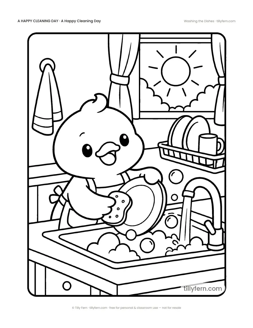 Washing the Dishes — free cleaning coloring page from A Happy Cleaning Day
