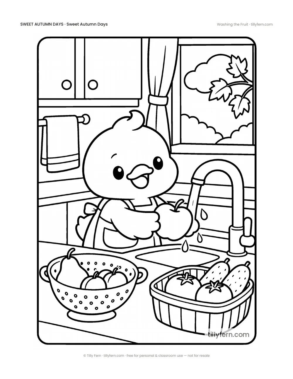 Washing the Fruit — free cozy fall coloring page from Sweet Autumn Days