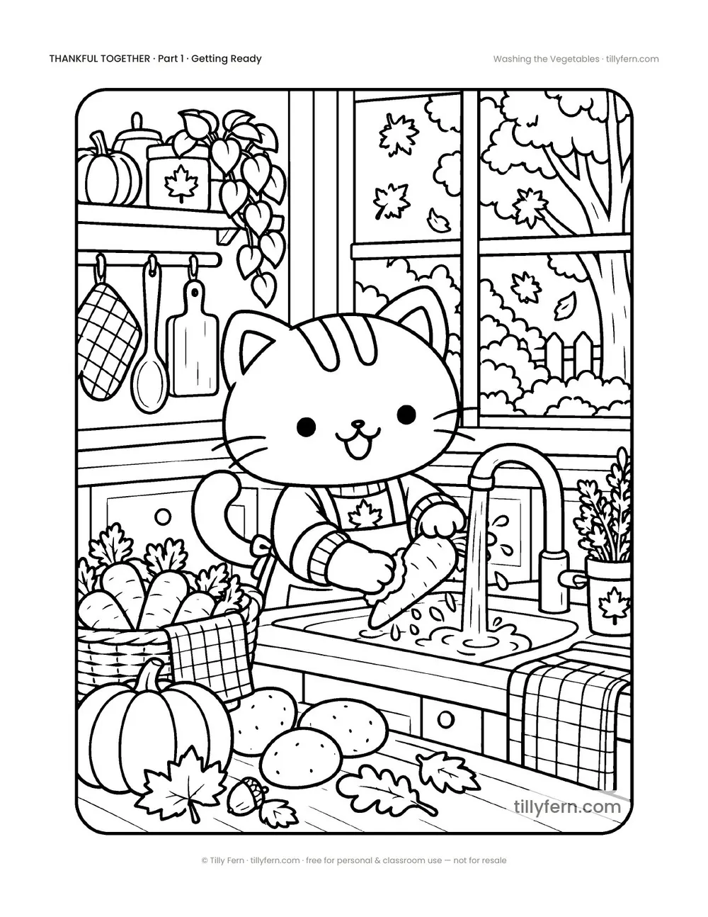 Washing the Vegetables — free Thanksgiving coloring page with a cute kitty, from Thankful Together