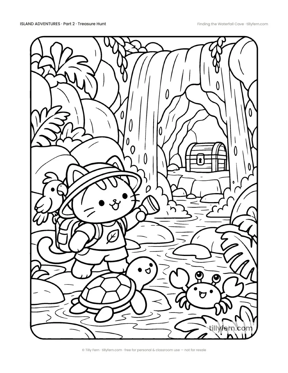 Finding the Waterfall Cave — free beach and summer coloring page from Island Adventures