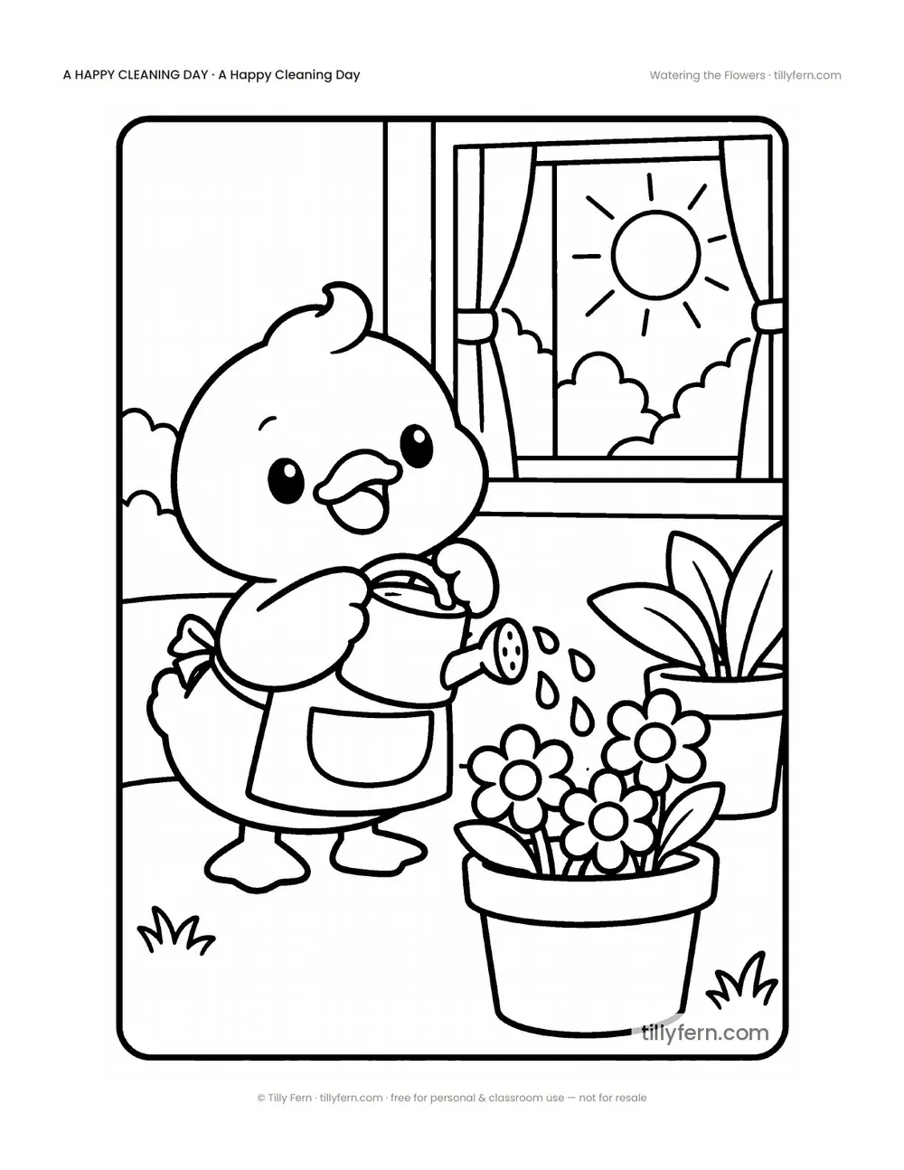 Watering the Flowers — free cleaning coloring page from A Happy Cleaning Day