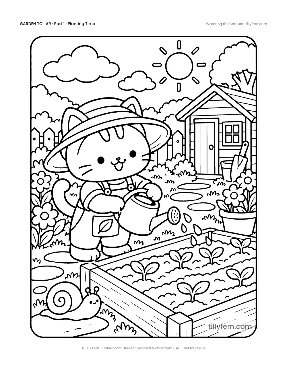 Watering the Sprouts — free garden coloring page from Garden to Jar