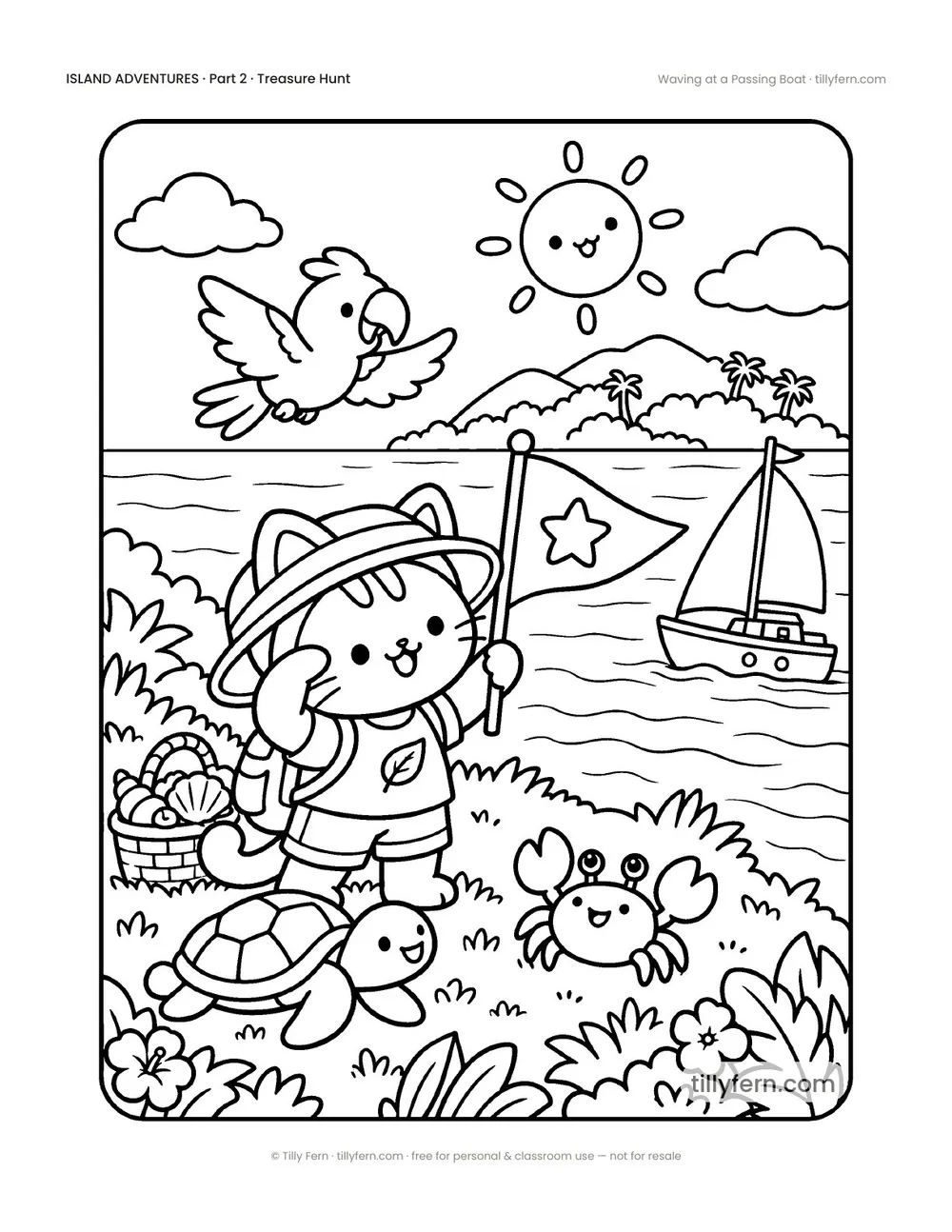 Waving at a Passing Boat — free beach and summer coloring page from Island Adventures