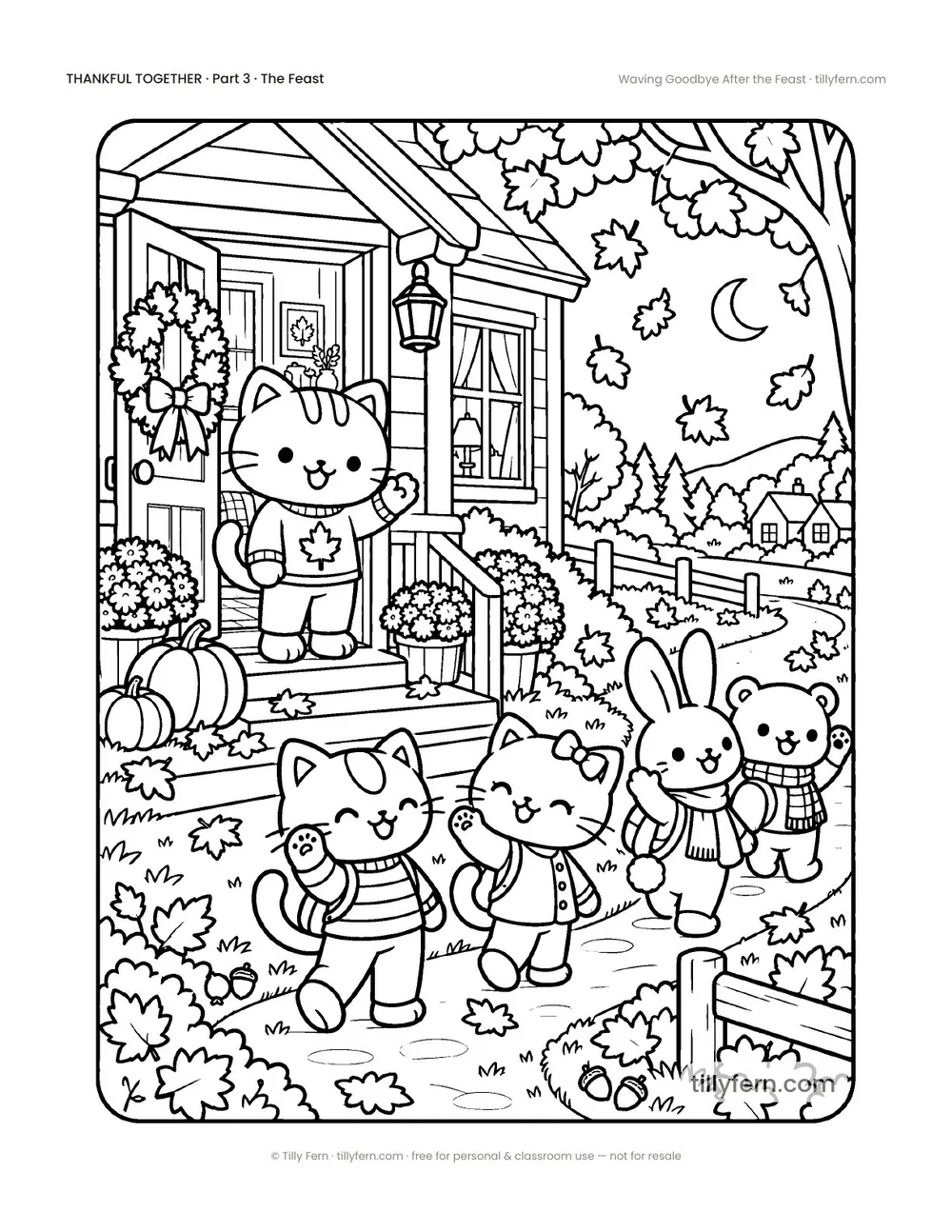 Waving Goodbye After the Feast — free Thanksgiving coloring page with a cute kitty, from Thankful Together