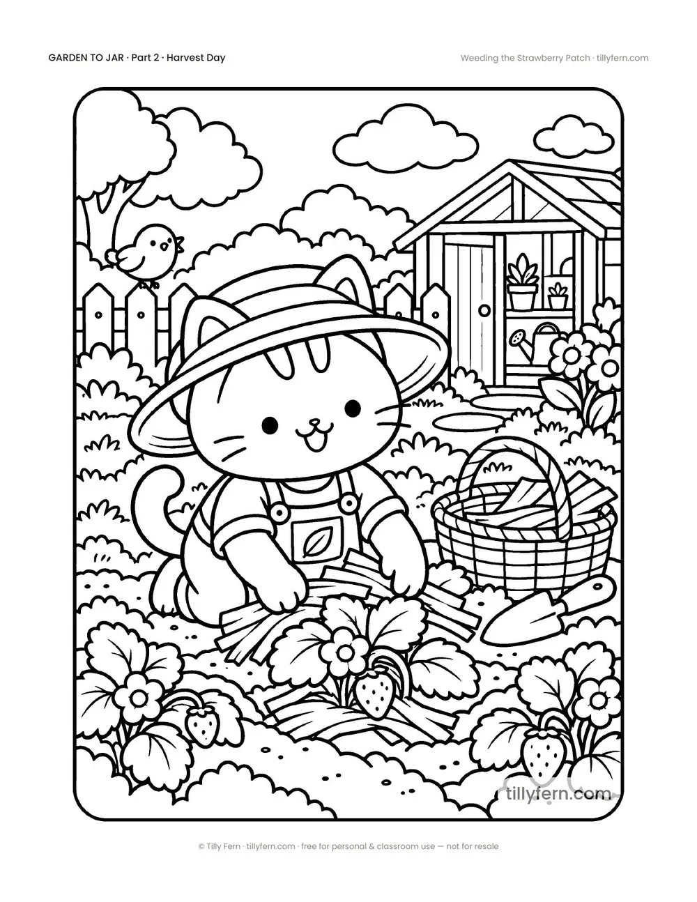 Weeding the Strawberry Patch — free garden coloring page from Garden to Jar