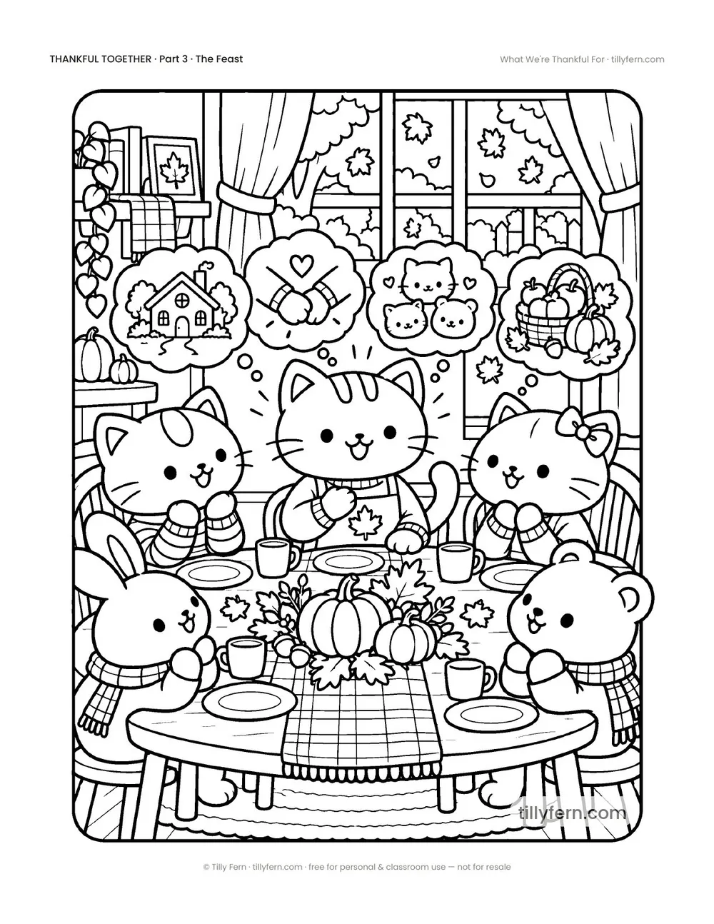 What We're Thankful For — free Thanksgiving coloring page with a cute kitty, from Thankful Together