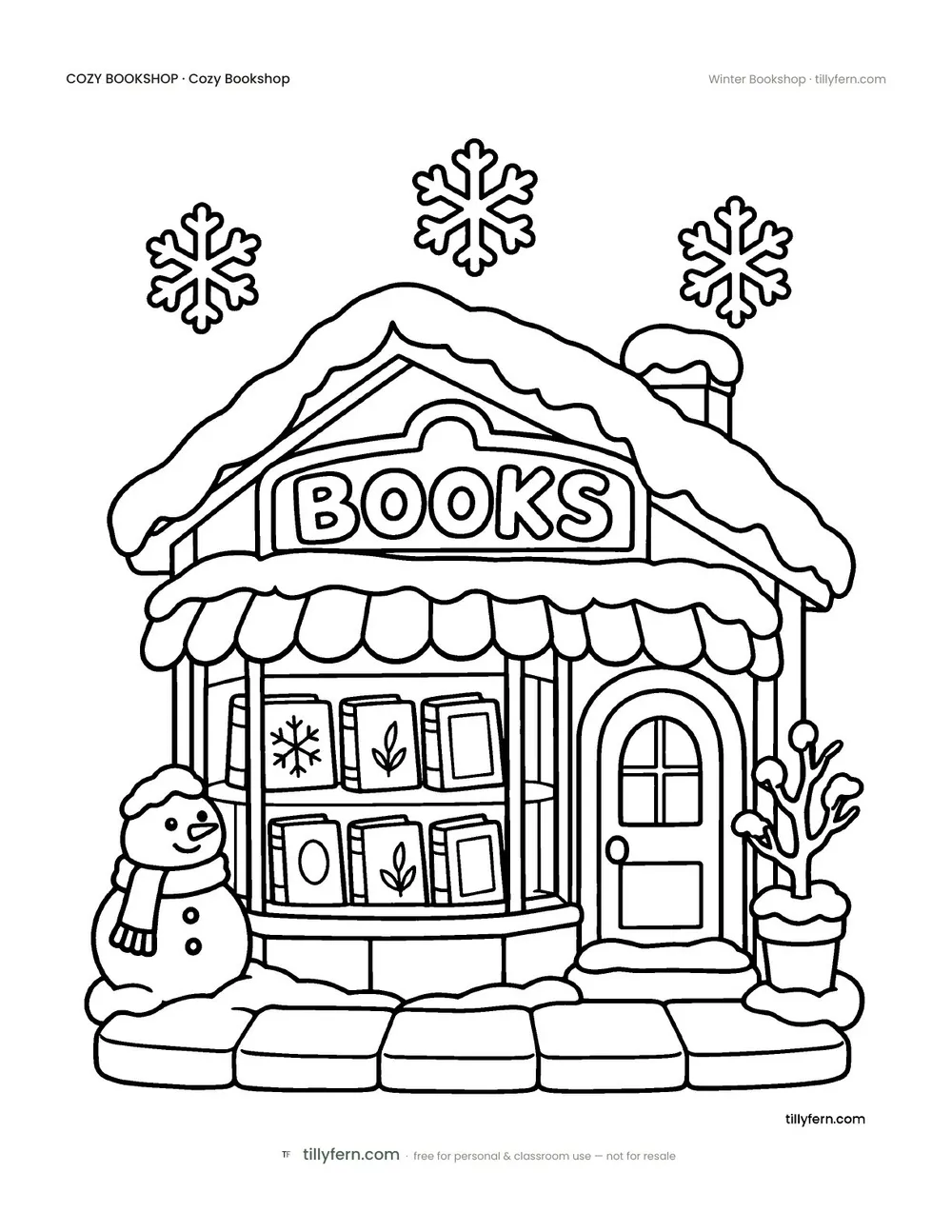 Winter Bookshop — free bookshop coloring page from Cozy Bookshop