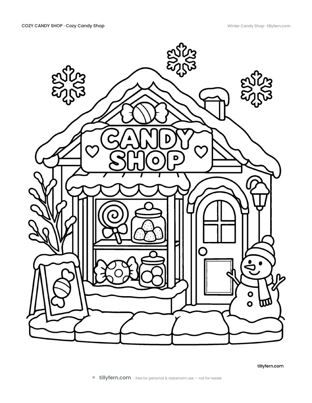 Winter Candy Shop — free candy shop coloring page from Cozy Candy Shop