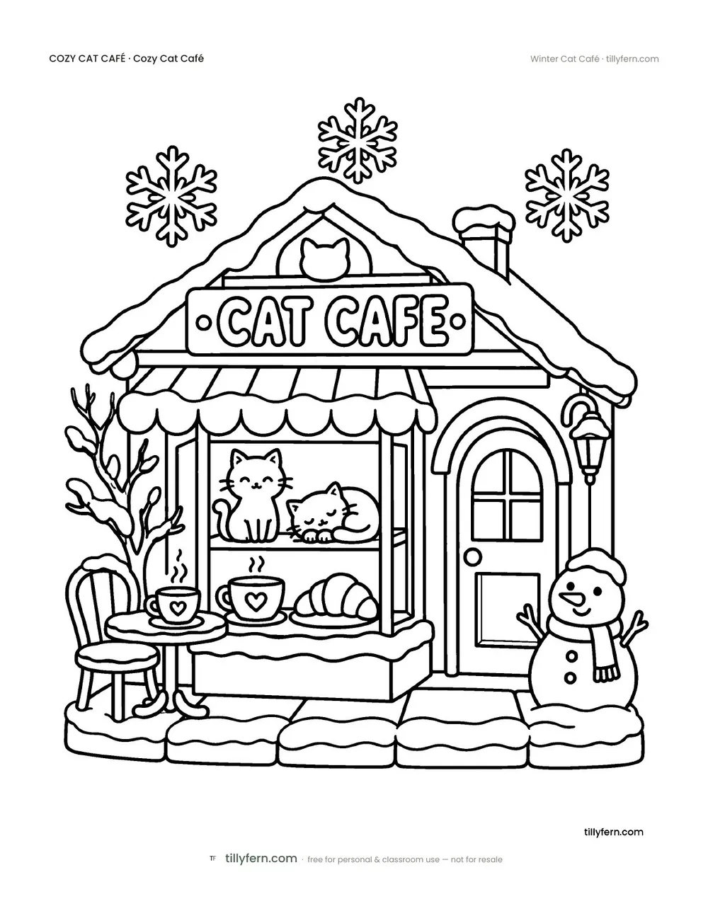 Winter Cat Café — free cat café coloring page from Cozy Cat Café