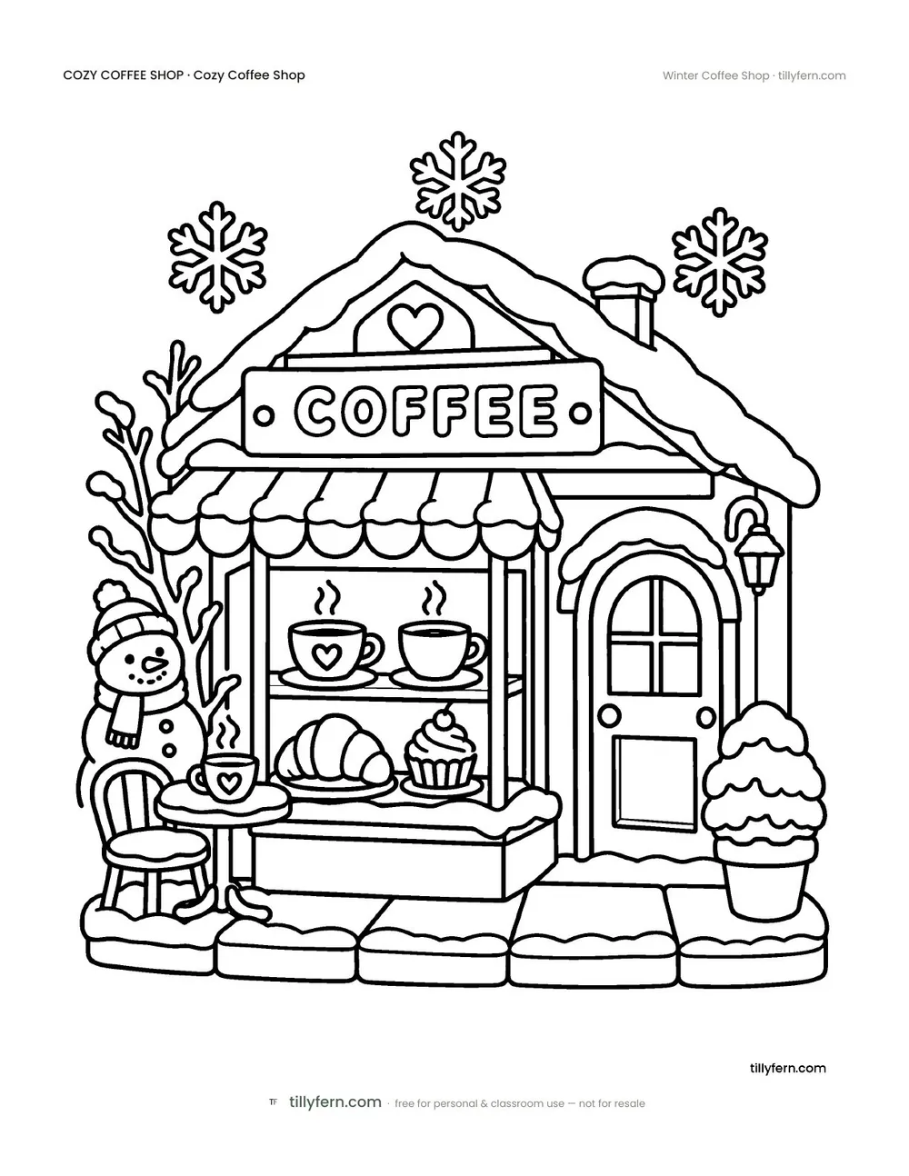 Winter Coffee Shop — free coffee shop coloring page from Cozy Coffee Shop