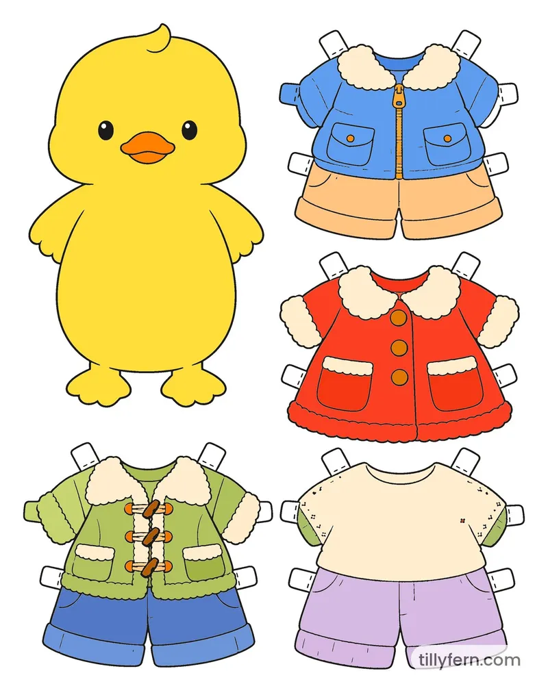 Winter Wardrobe — Duck & Outfits — colored example of the coloring page in bright colors