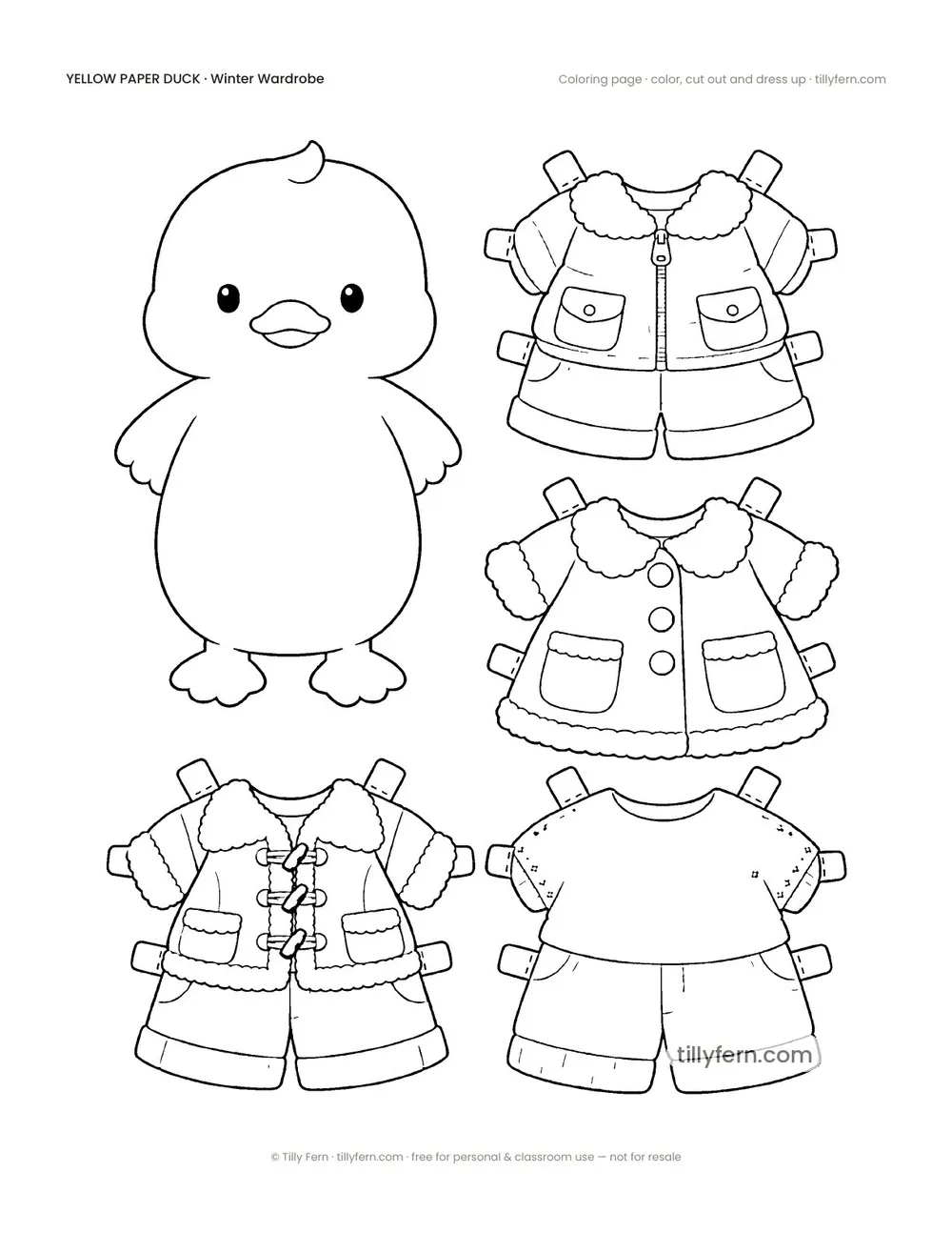 Winter Wardrobe — Duck & Outfits — free printable yellow paper duck coloring page