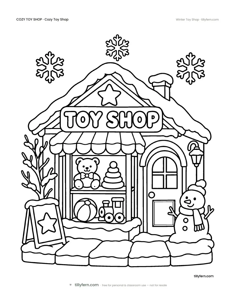 Winter Toy Shop — free toy shop coloring page from Cozy Toy Shop