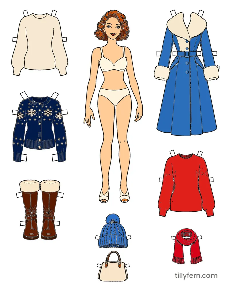 Winter Walk Wardrobe — Doll & Outfits — colored example of the coloring page in bright colors