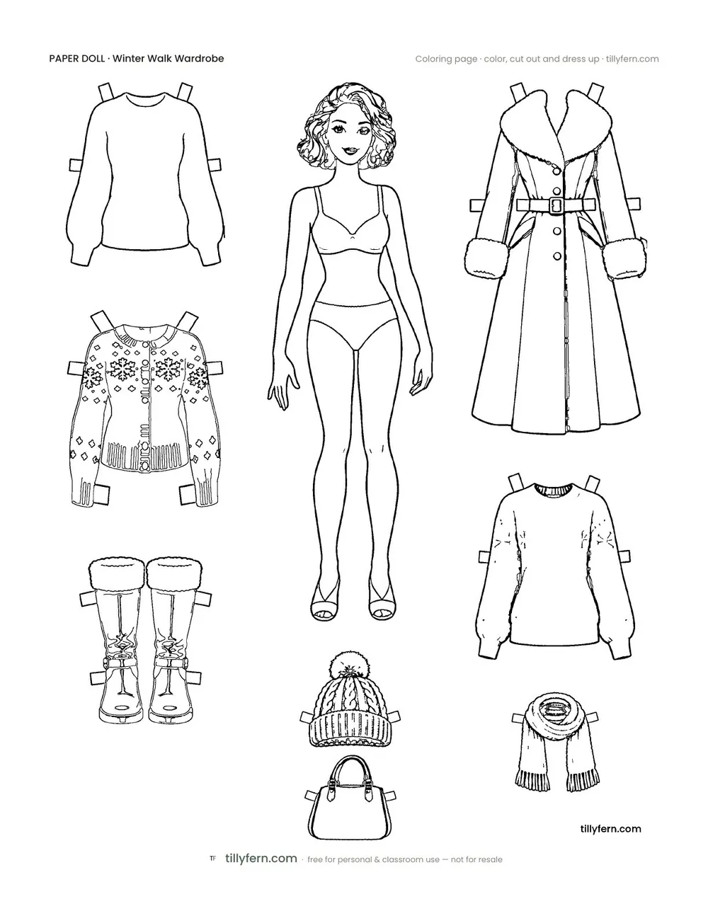 Winter Walk Wardrobe — Doll & Outfits — free printable paper doll coloring page