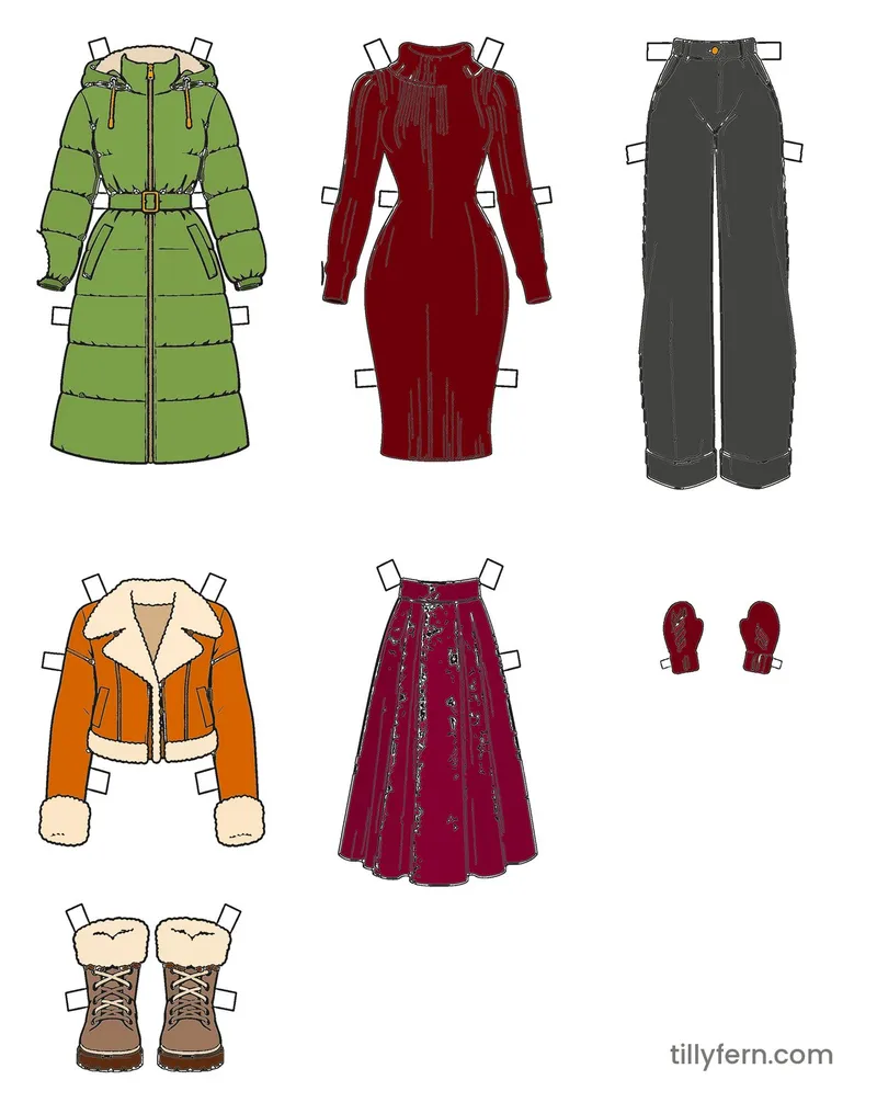 Winter Walk Wardrobe — More Outfits — colored example of the coloring page in bright colors