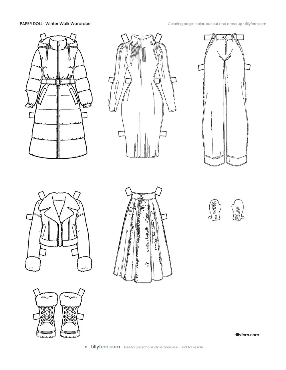 Winter Walk Wardrobe — More Outfits — free printable paper doll coloring page