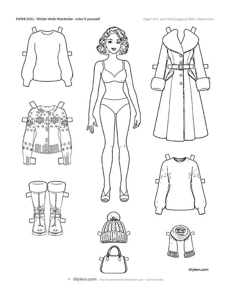 Winter Walk Wardrobe — black and white paper doll and clothes to color in
