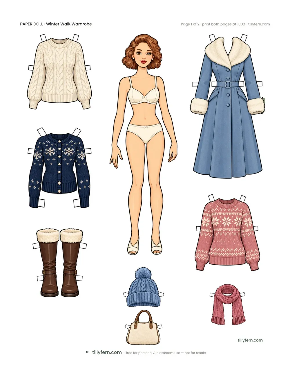 Winter Walk Wardrobe — free printable paper doll paper doll with clothes, page 1 of 2