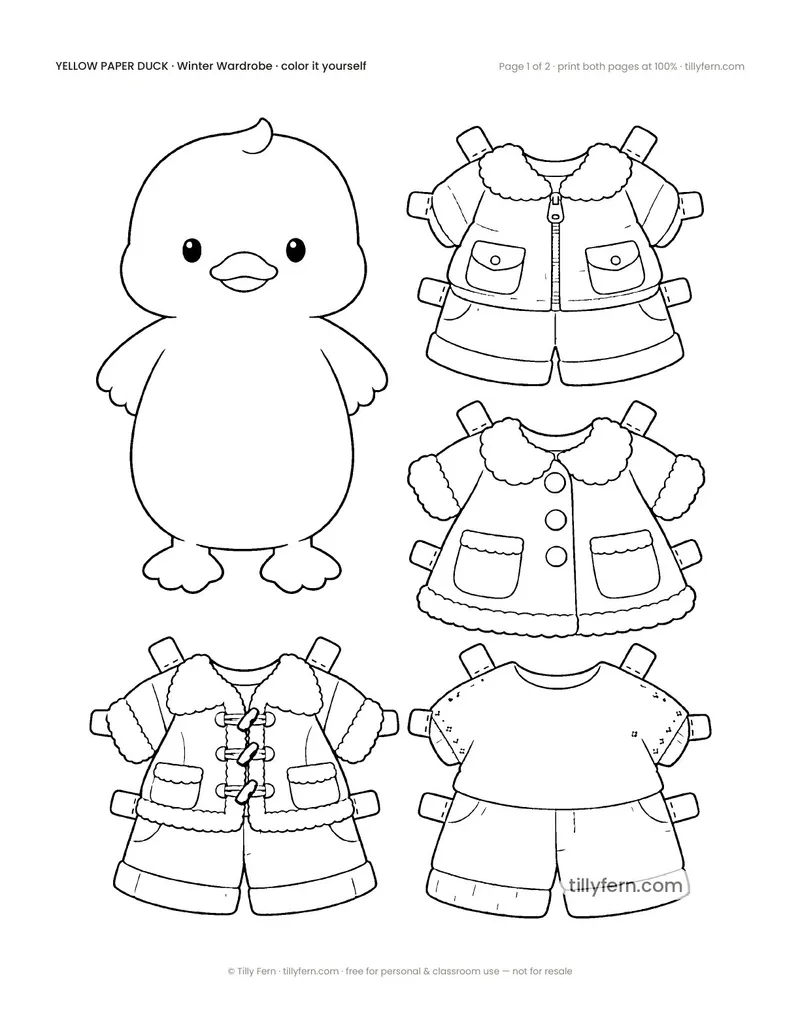 Winter Wardrobe — black and white paper doll and clothes to color in