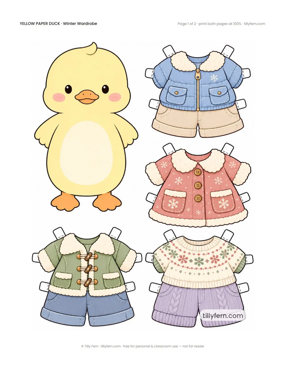 Winter Wardrobe — free printable yellow paper duck paper doll with clothes, page 1 of 2