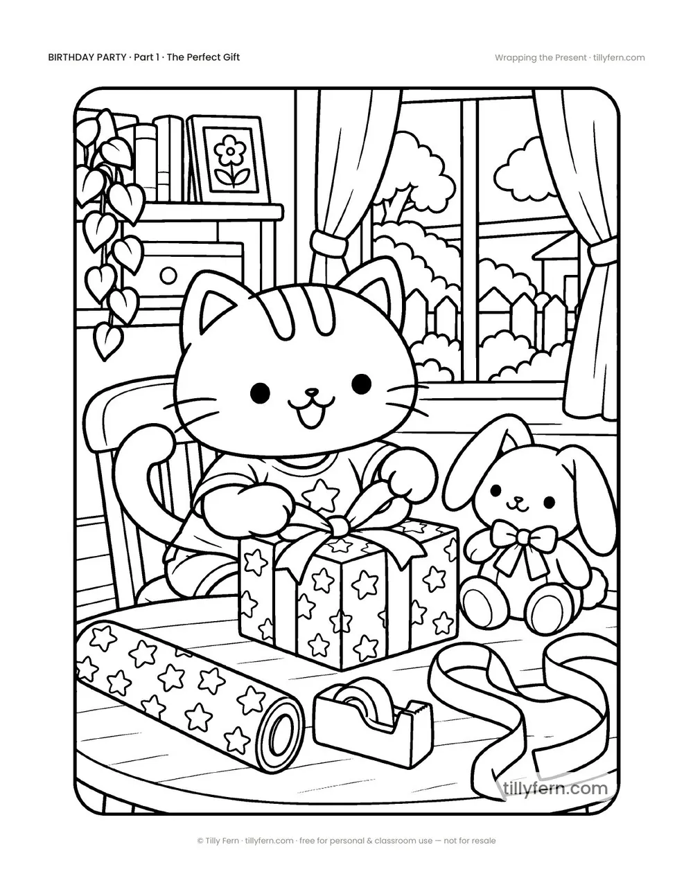 Wrapping the Present — free birthday coloring page from Birthday Party