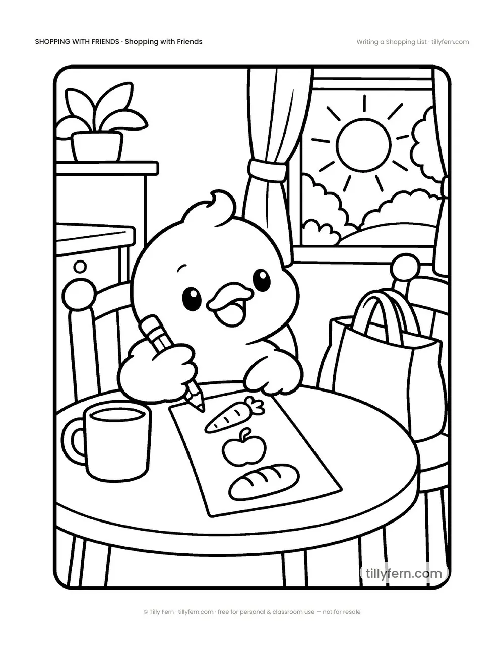 Writing a Shopping List — free grocery store coloring page from Shopping with Friends