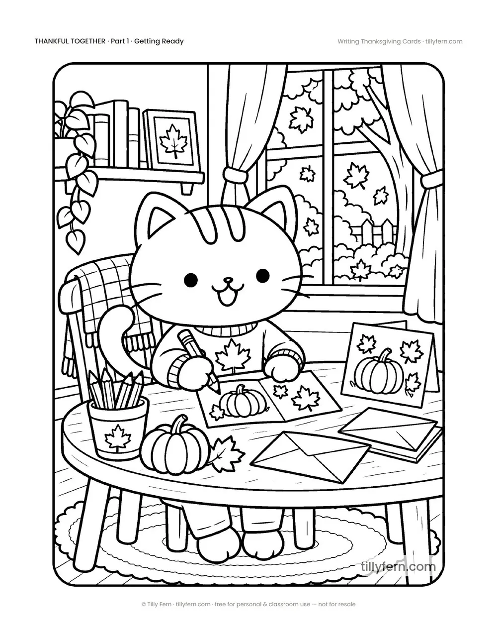 Writing Thanksgiving Cards — free Thanksgiving coloring page with a cute kitty, from Thankful Together