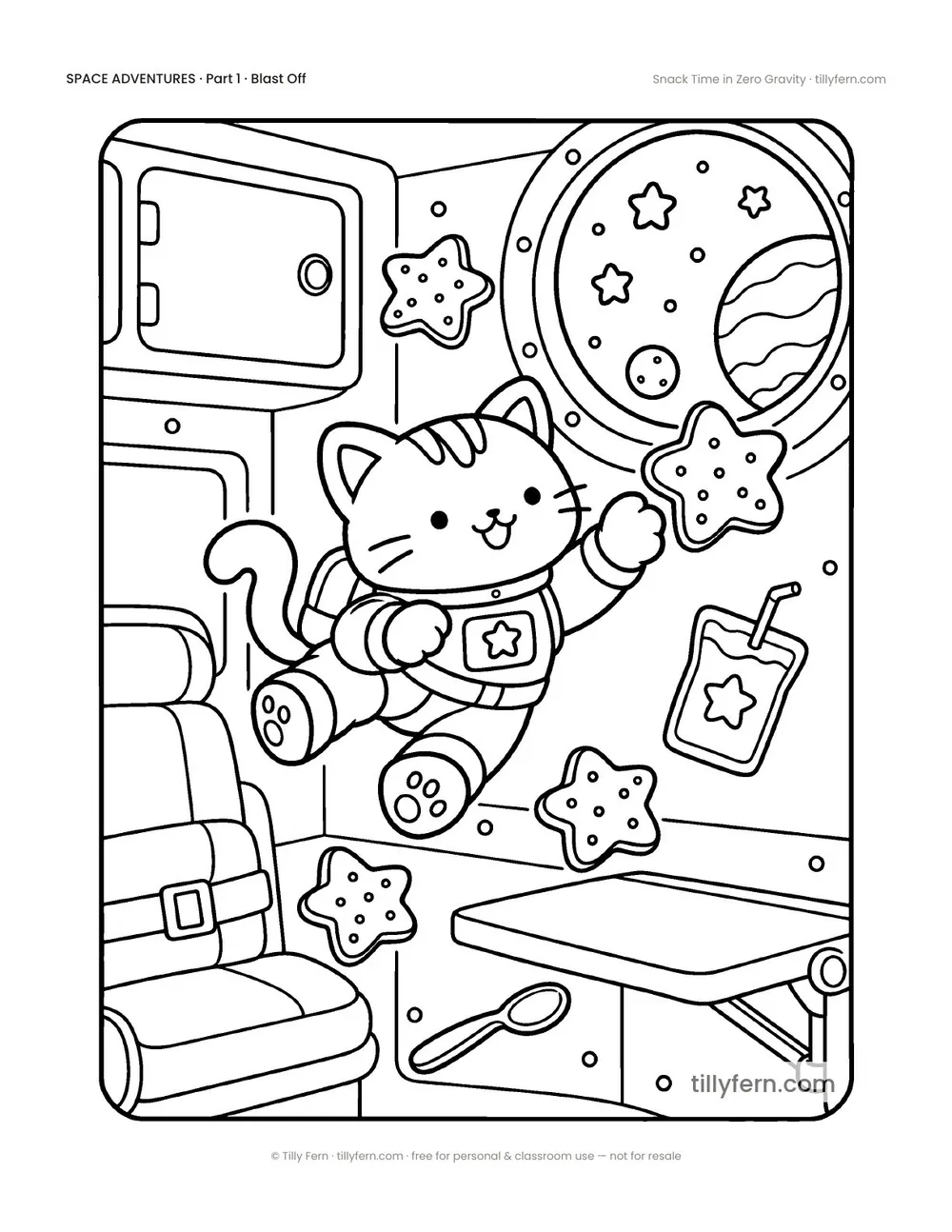 Snack Time in Zero Gravity — free space coloring page from Space Adventures
